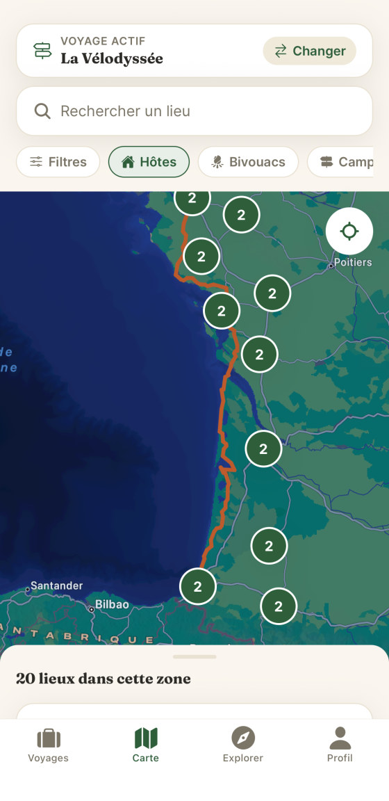 Carte d’Halta le long de la côte atlantique, avec les hébergements disponibles.