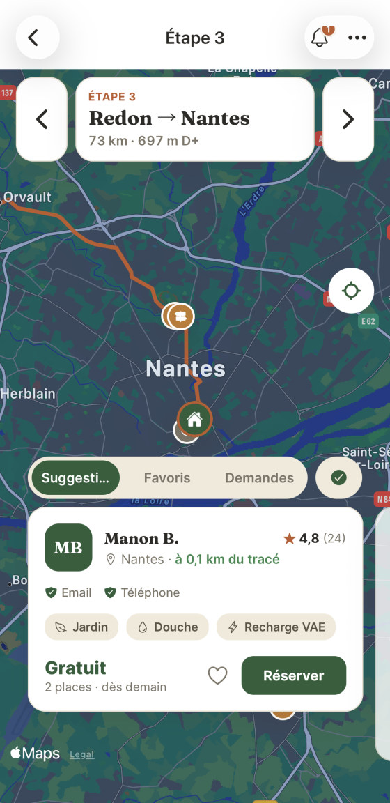 Fiche d’un hôte dans Halta : note 4,8 sur 24 avis, à 0,1 km du tracé, jardin, douche, recharge VAE, accueil gratuit.